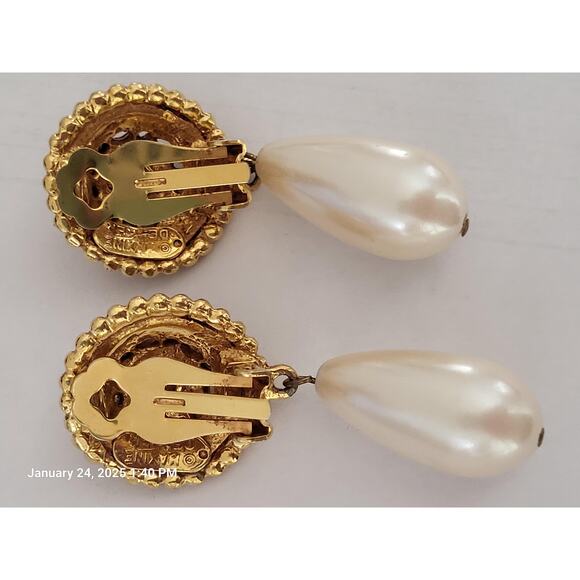 Pearl Diamond Gold Earrings Vintage Signed Designer Maxine Denker Clip-On - Picture 8 of 9